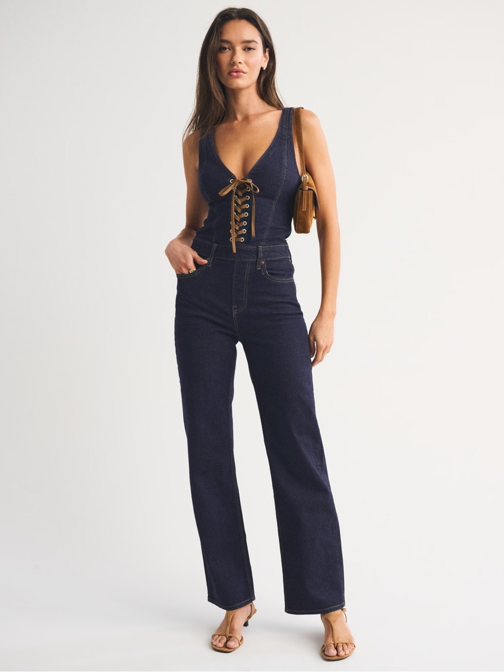 Vegan Suede Lace-Up Denim Jumpsuit - Petit